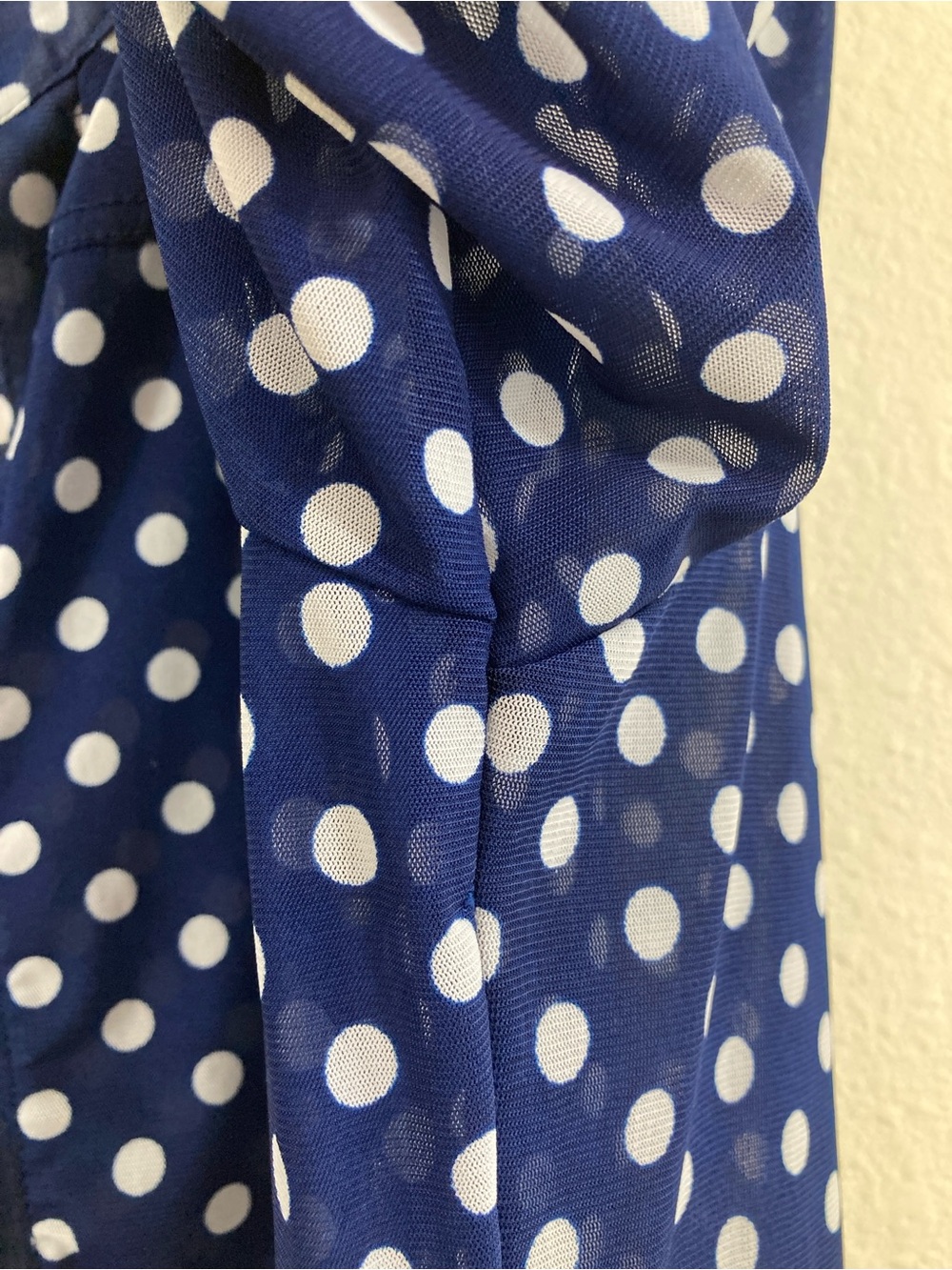 Eden & Olivia Sheer Polka Dot Blouse Size XL Blue White Roll Tab Top - Picture 6 of 15